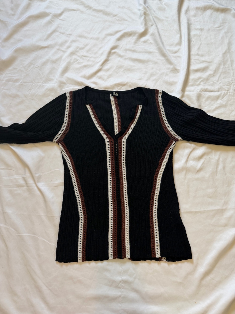 Miss Me Black Long Sleeve Ribbed Top with Brown and Cream Stripes